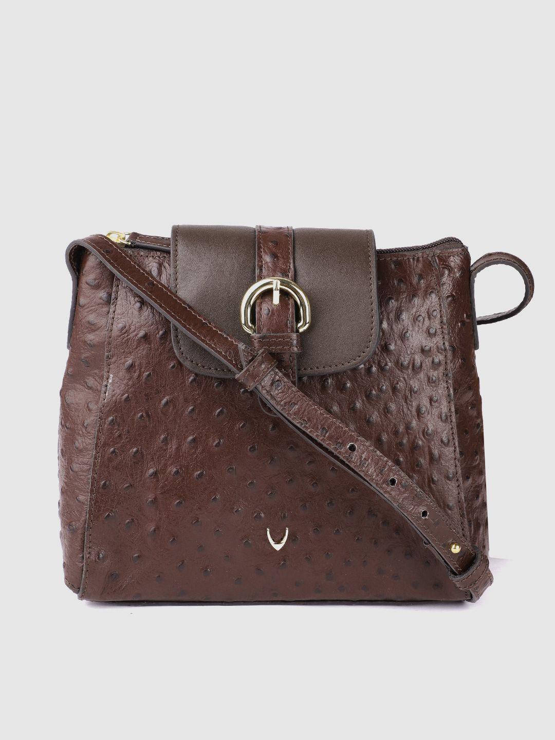 hidesign coffee brown handcrafted croc textured leather structured sling bag