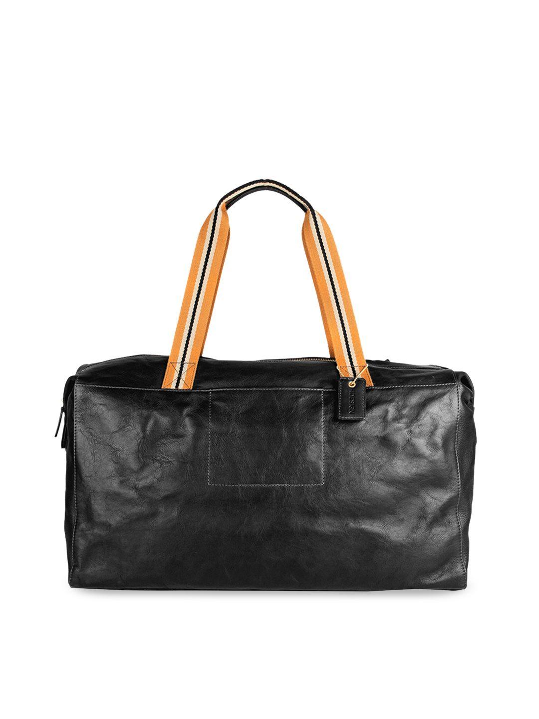 hidesign men black solid leather duffel bag