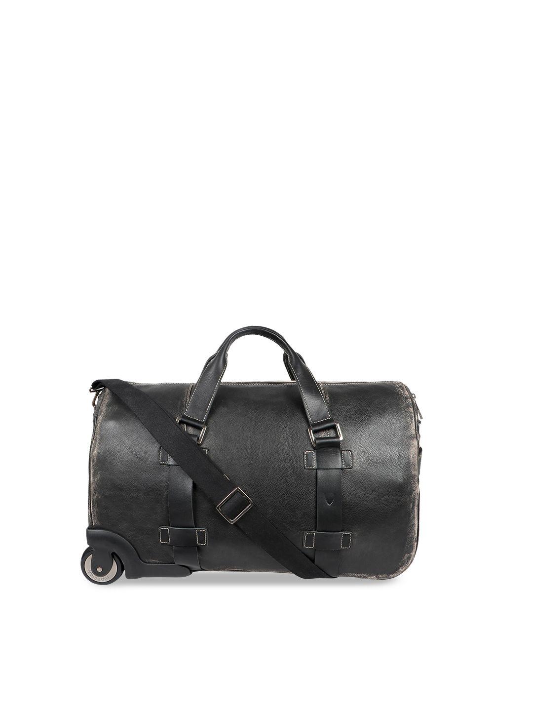 hidesign men black solid leather medium duffel bag