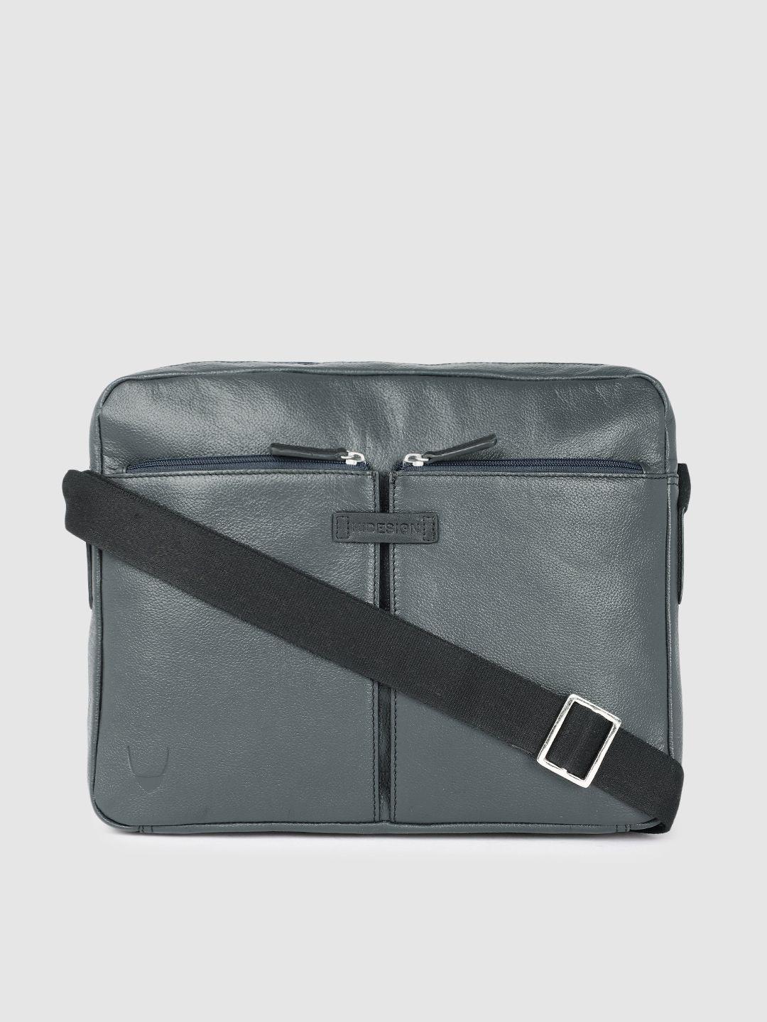 hidesign men navy blue solid leather laptop bag