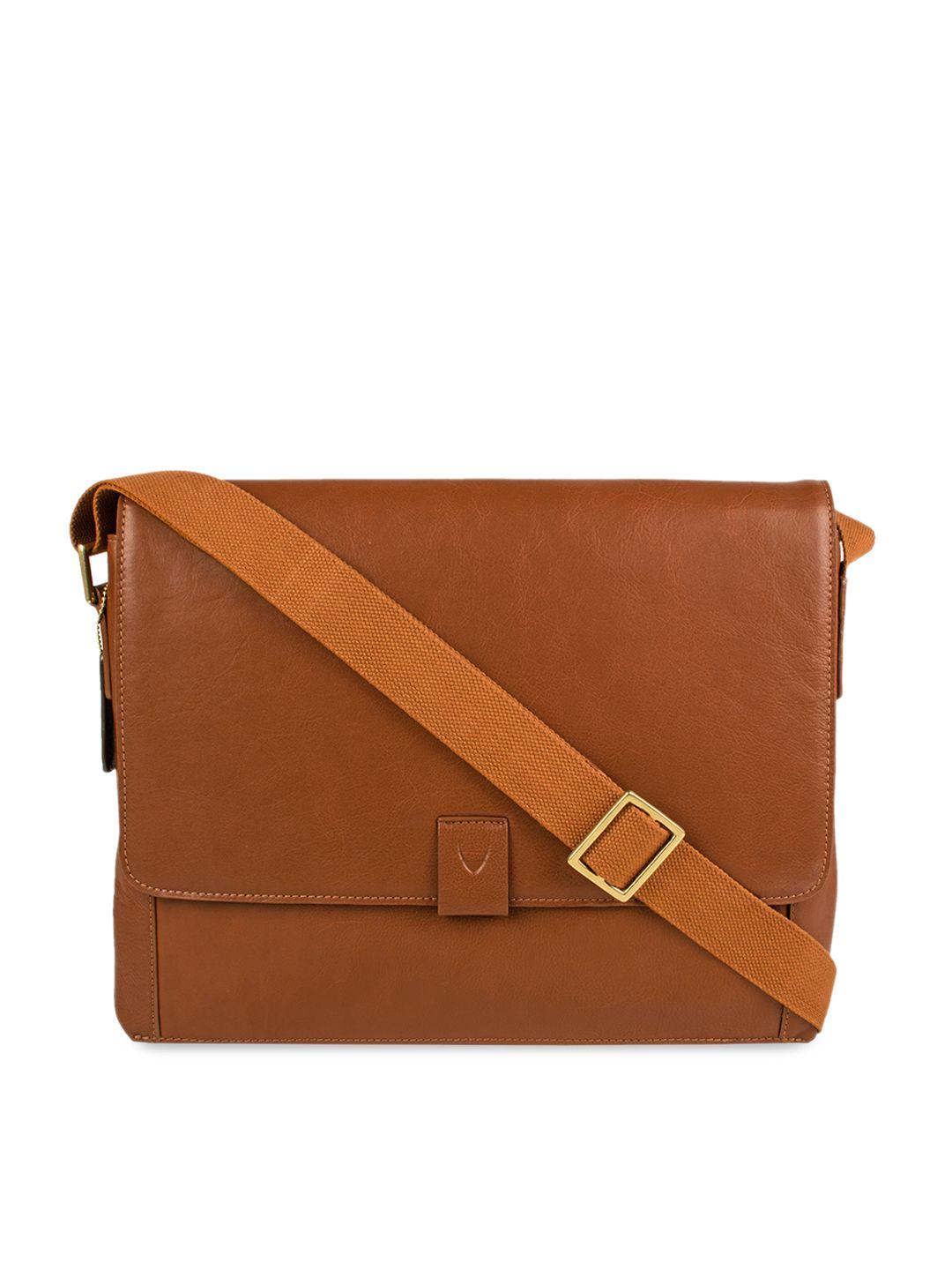 hidesign men tan solid leather messenger bag