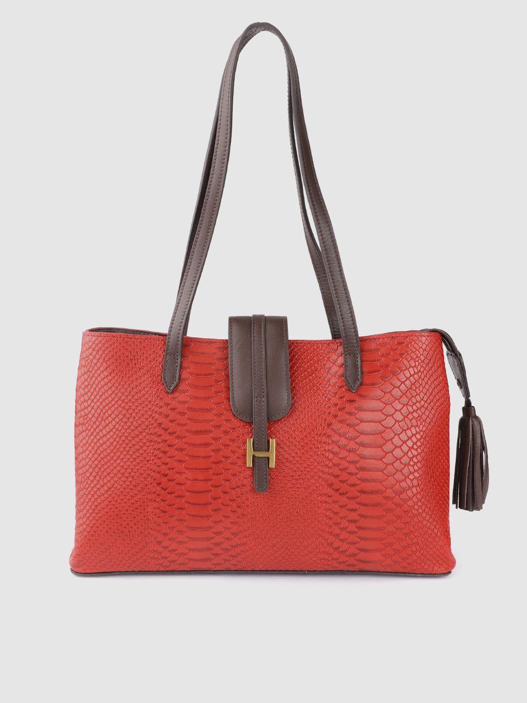 hidesign red & coffee brown handcrafted snakeskin textured leather structured shoulder bag