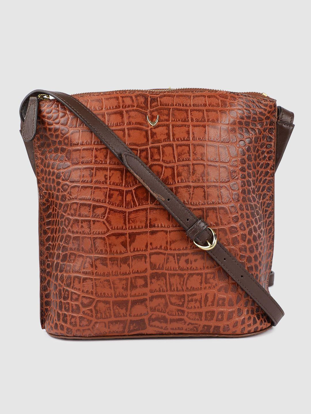 hidesign tan brown scorpio croc textured leather sling bag