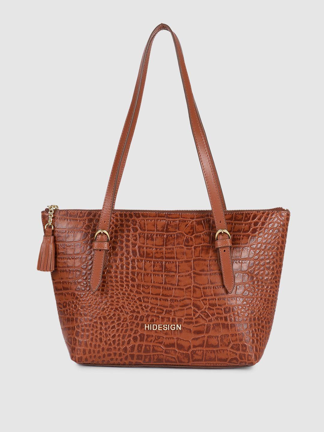 hidesign tan brown textured leather structured shoulder bag with tasselled