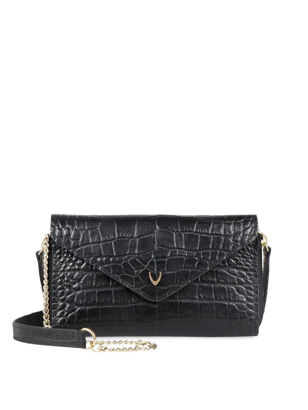 hidesign black animal textured leather structured sling bag