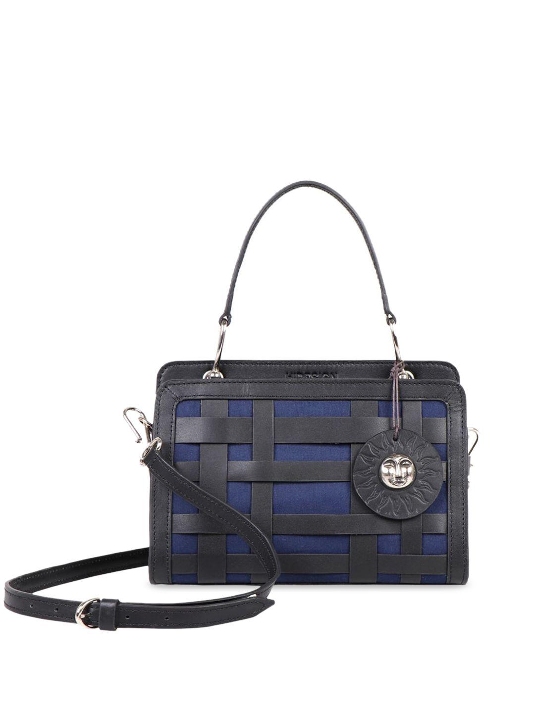 hidesign black checked leather structured satchel with cut work