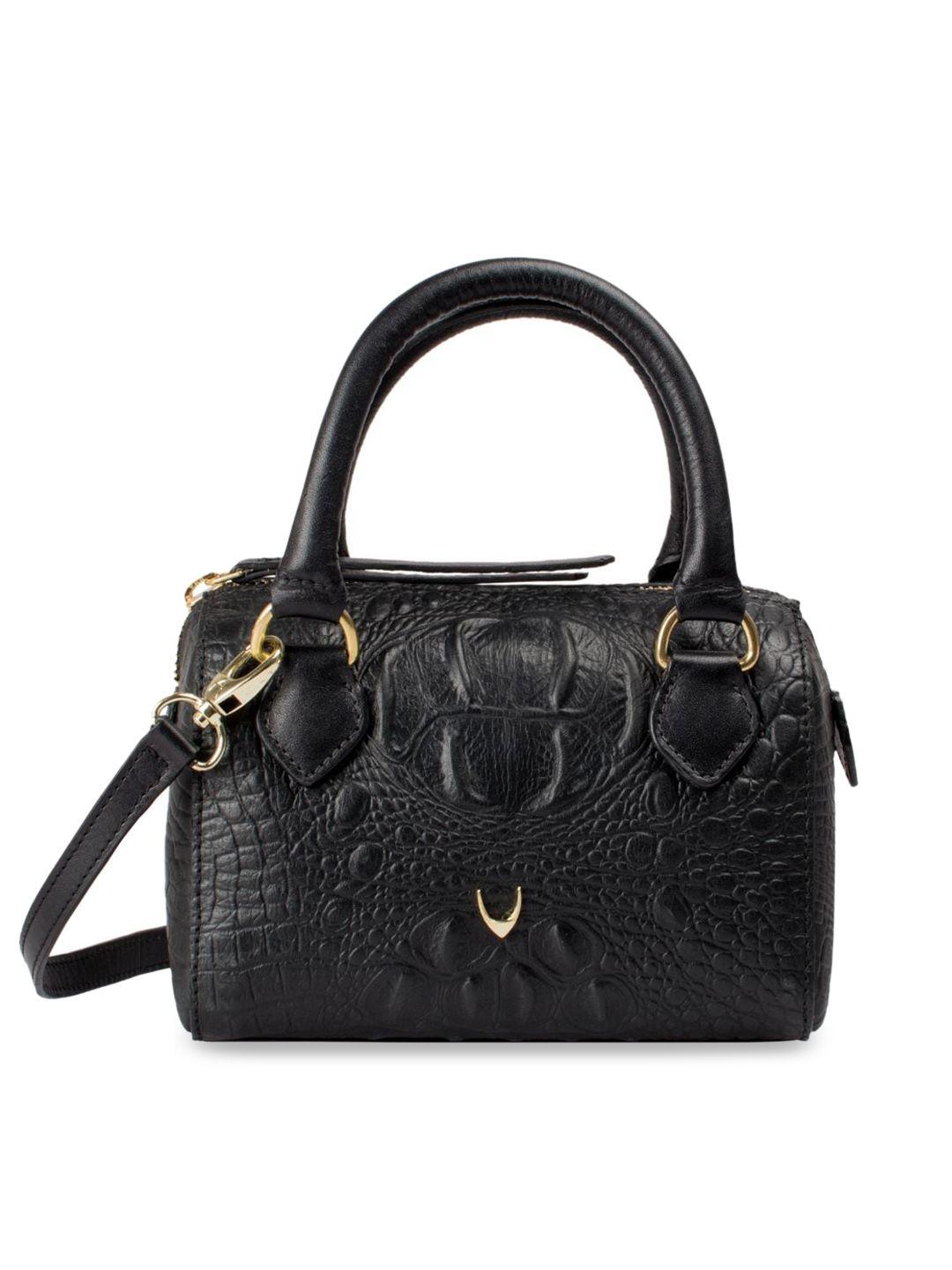 hidesign black croco-skin textured leather handheld bag