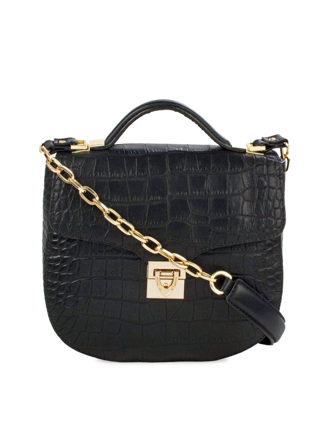 hidesign black croco-skin textured leather satchel bag