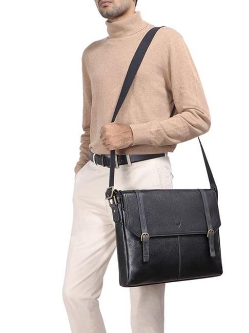 hidesign black leather medium messenger bag