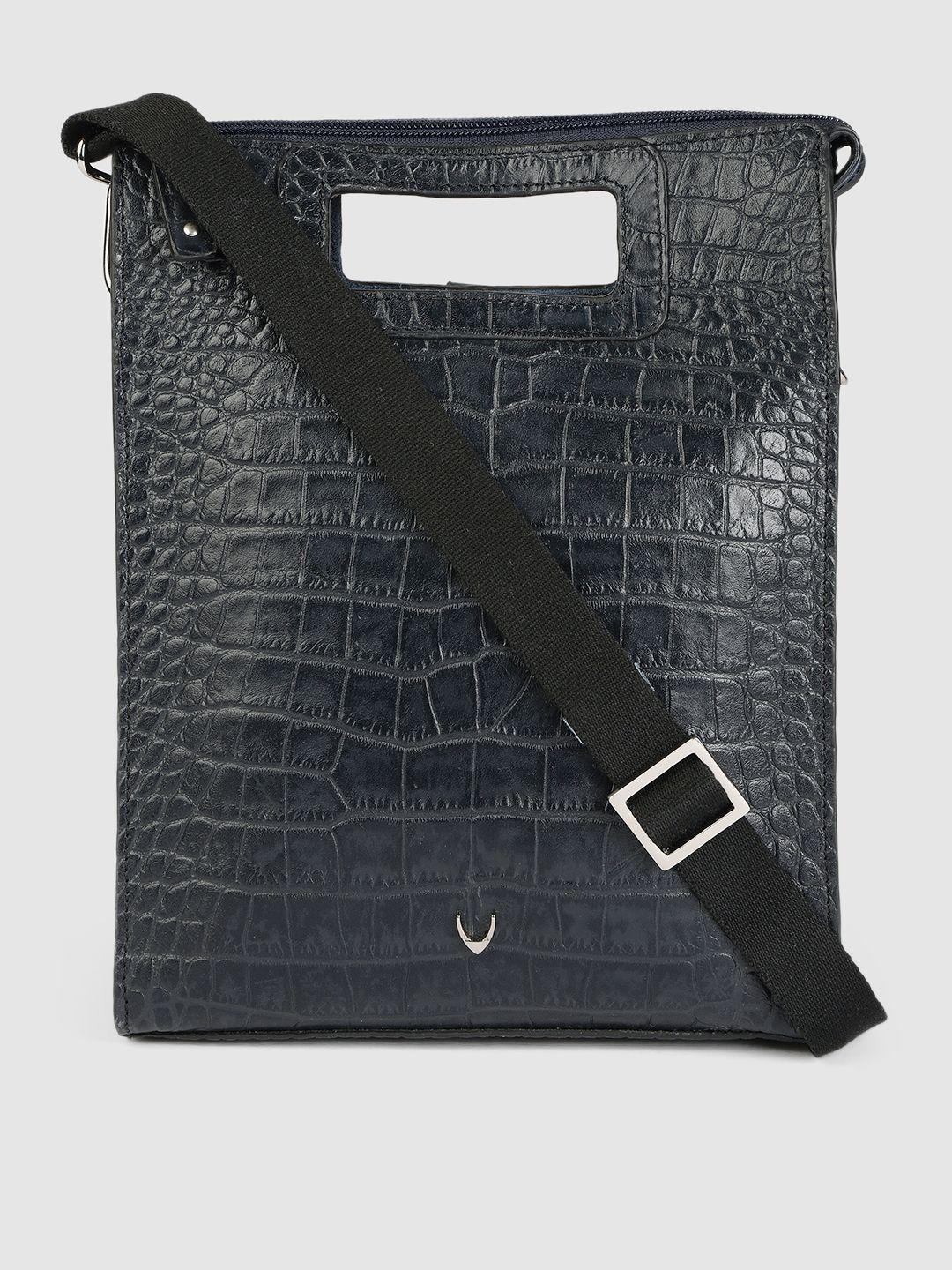 hidesign blue animal textured leather structured sling bag