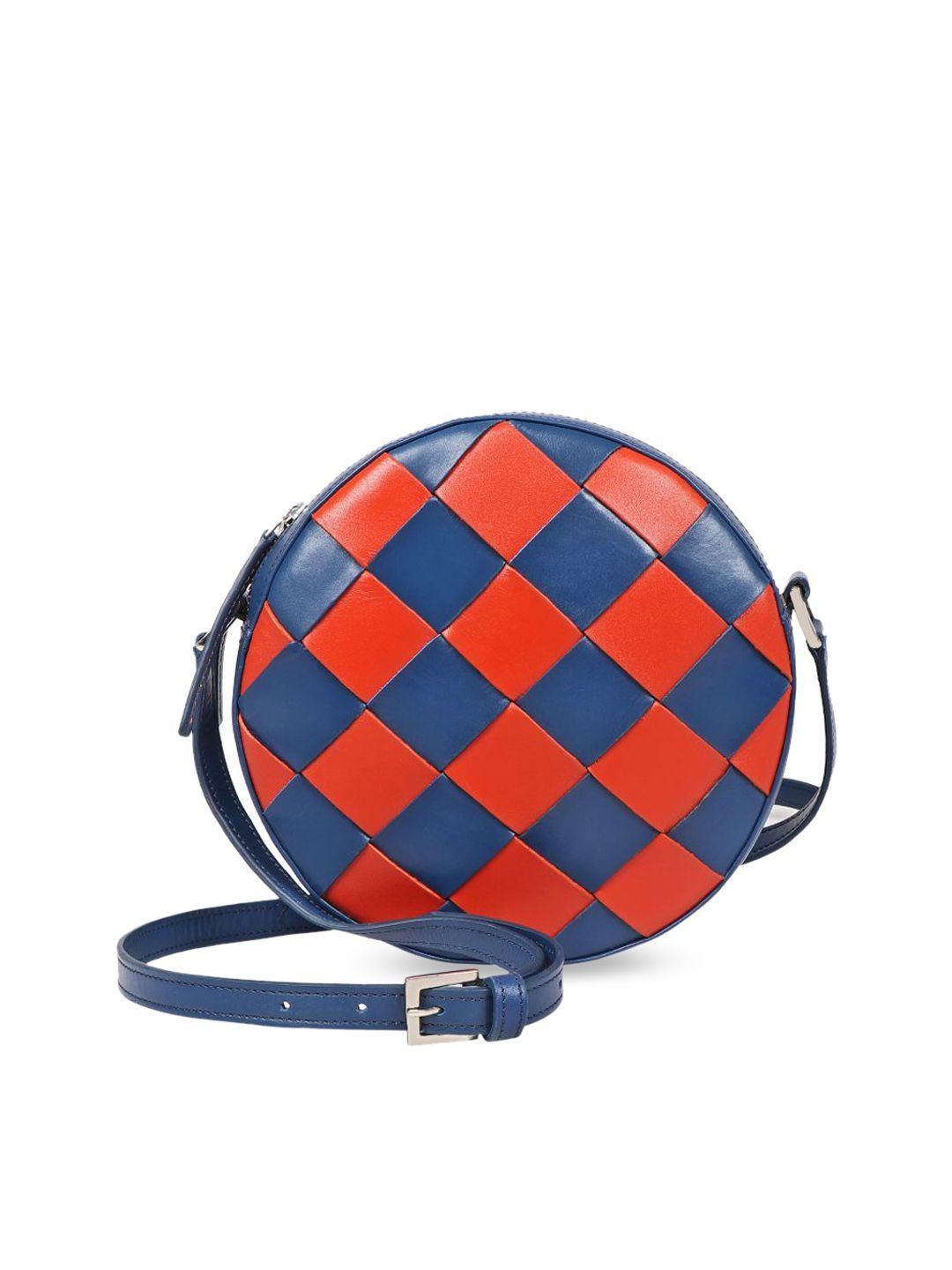 hidesign blue geometric printed leather structured sling bag with tasselled