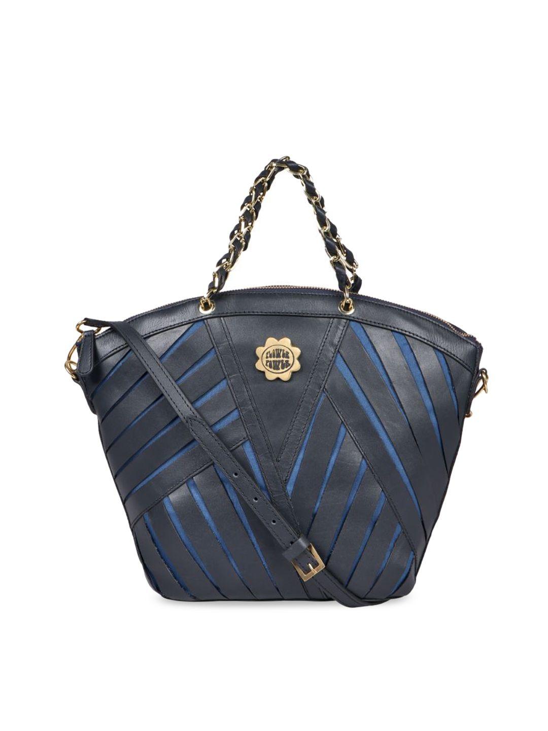 hidesign blue geometric textured leather structured handheld bag with quilted