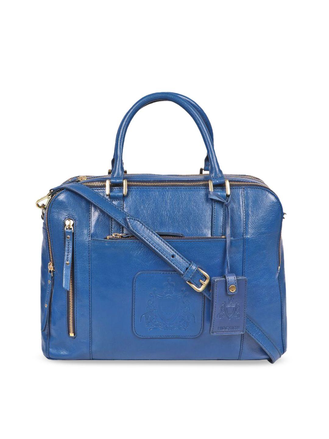 hidesign blue leather structured handheld bag with tasselled