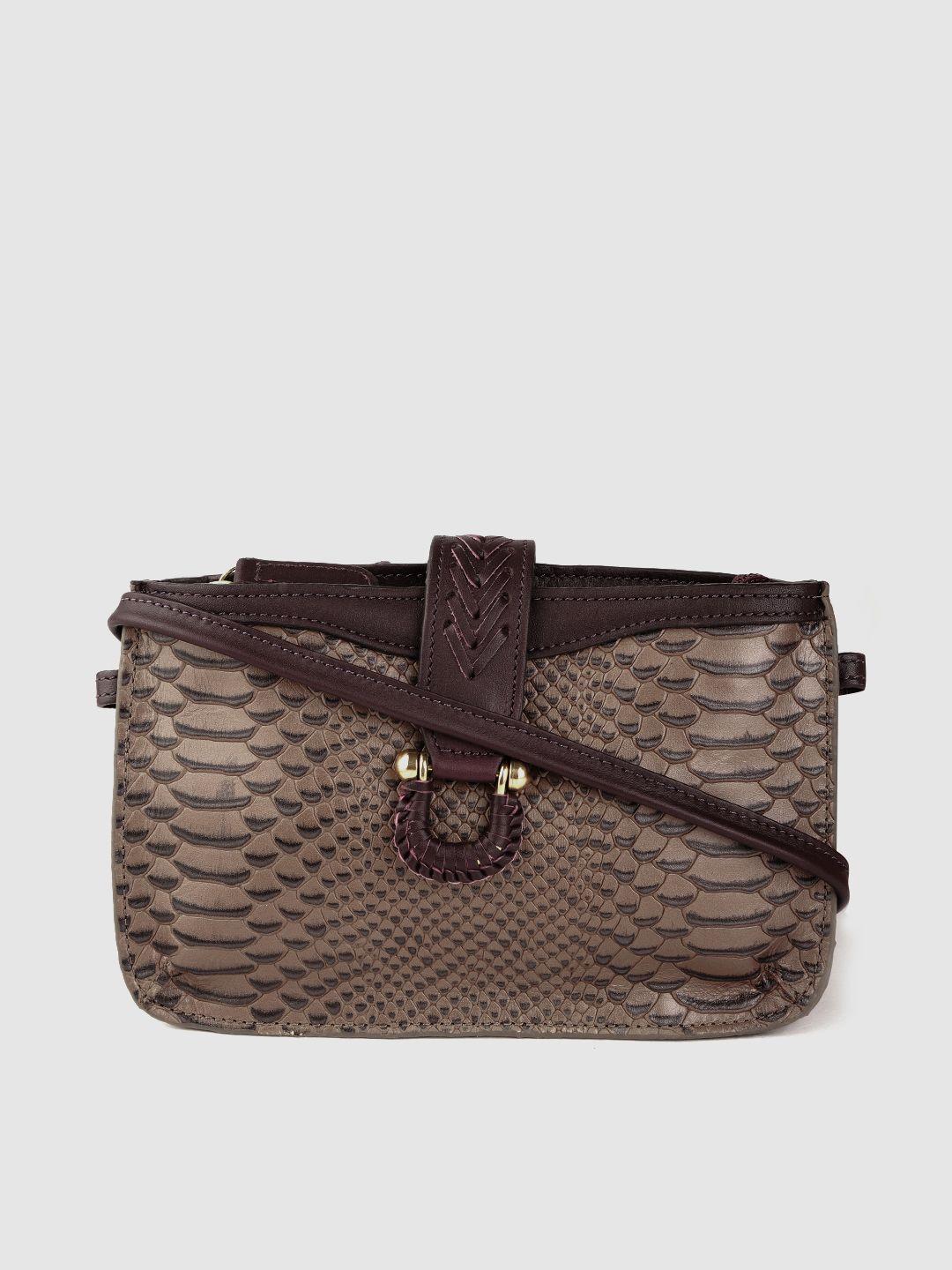 hidesign brown & burgundy snakeskin textured leather structured sling bag