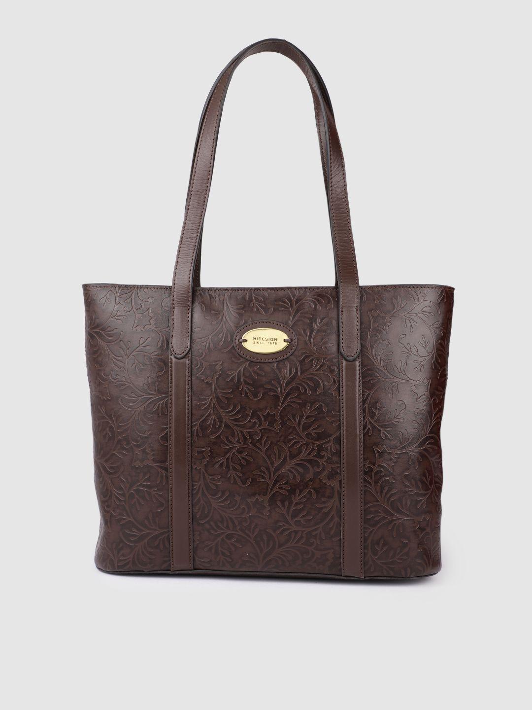 hidesign brown self design floral leather oversized structured shoulder bag