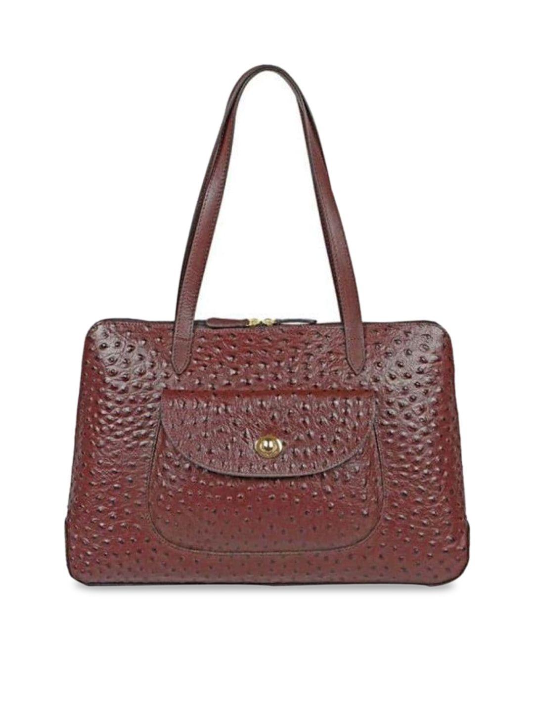 hidesign brown textured leather structured shoulder bag with quilted