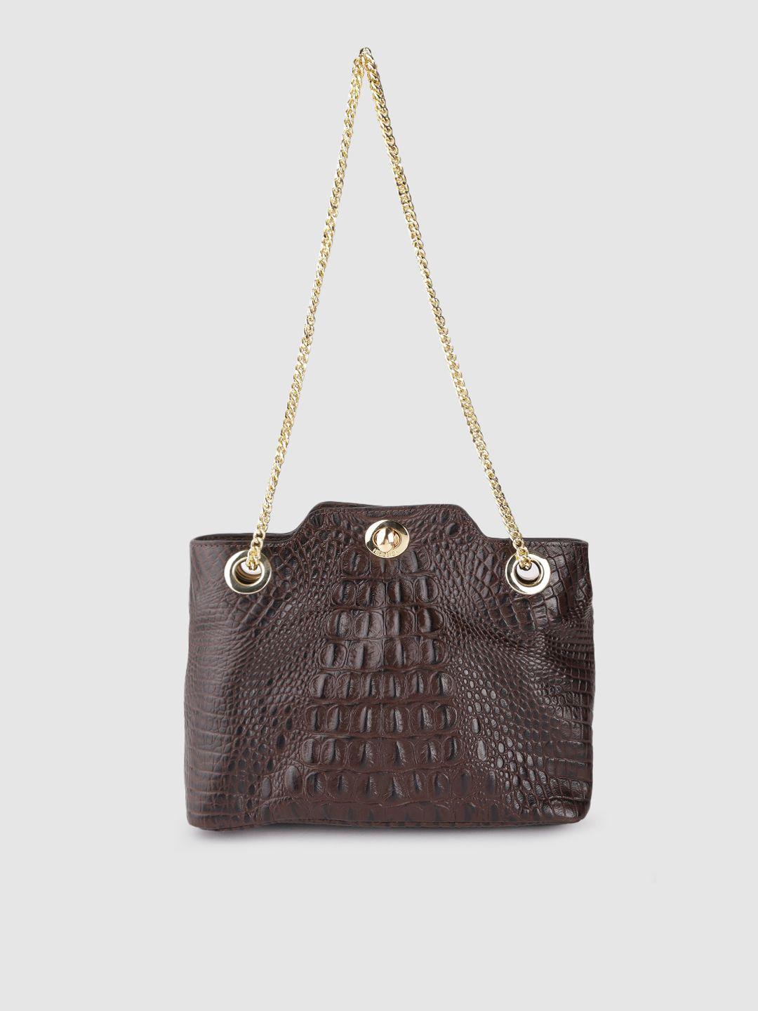 hidesign coffee brown croc textured leather structured shoulder bag