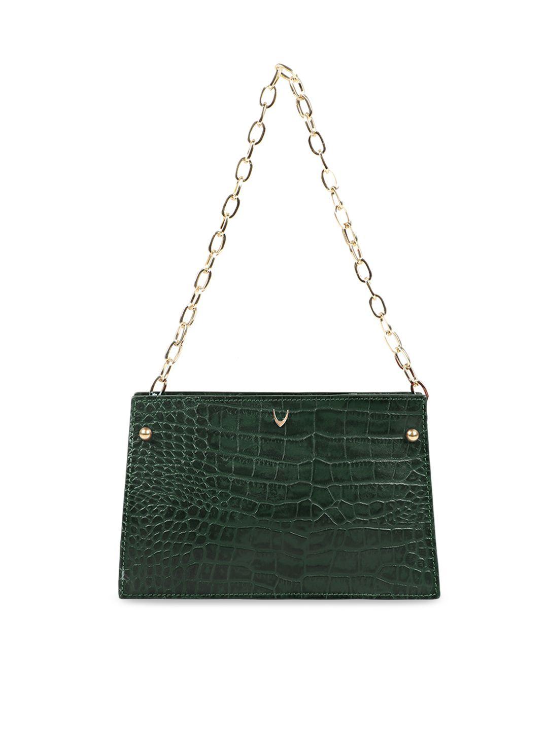 hidesign green textured shoulder croc textured leather bag