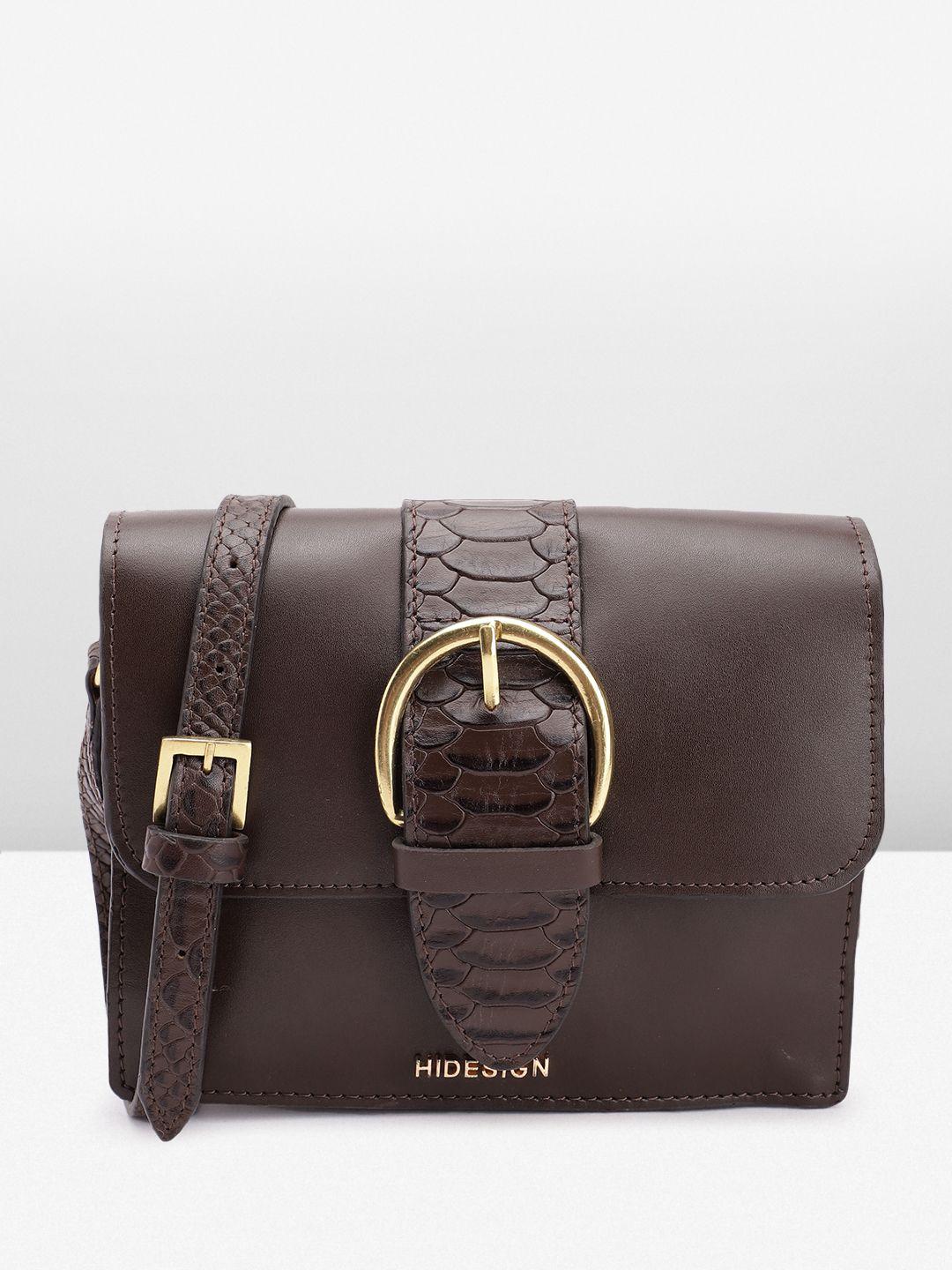 hidesign leather structured sling bag with croc textured & buckle detail