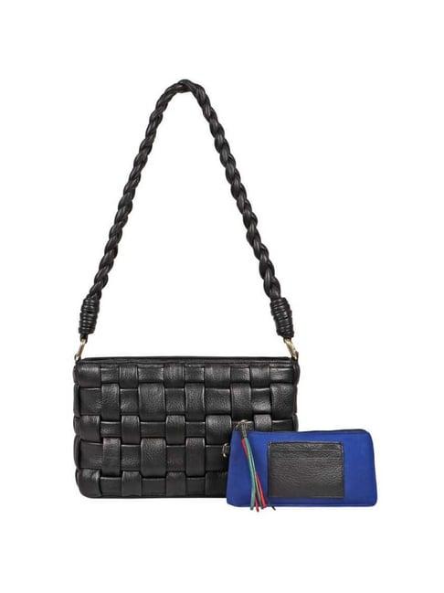 hidesign malasana black textured large shoulder handbag with pouch