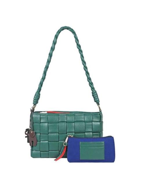hidesign malasana green textured large shoulder handbag with pouch