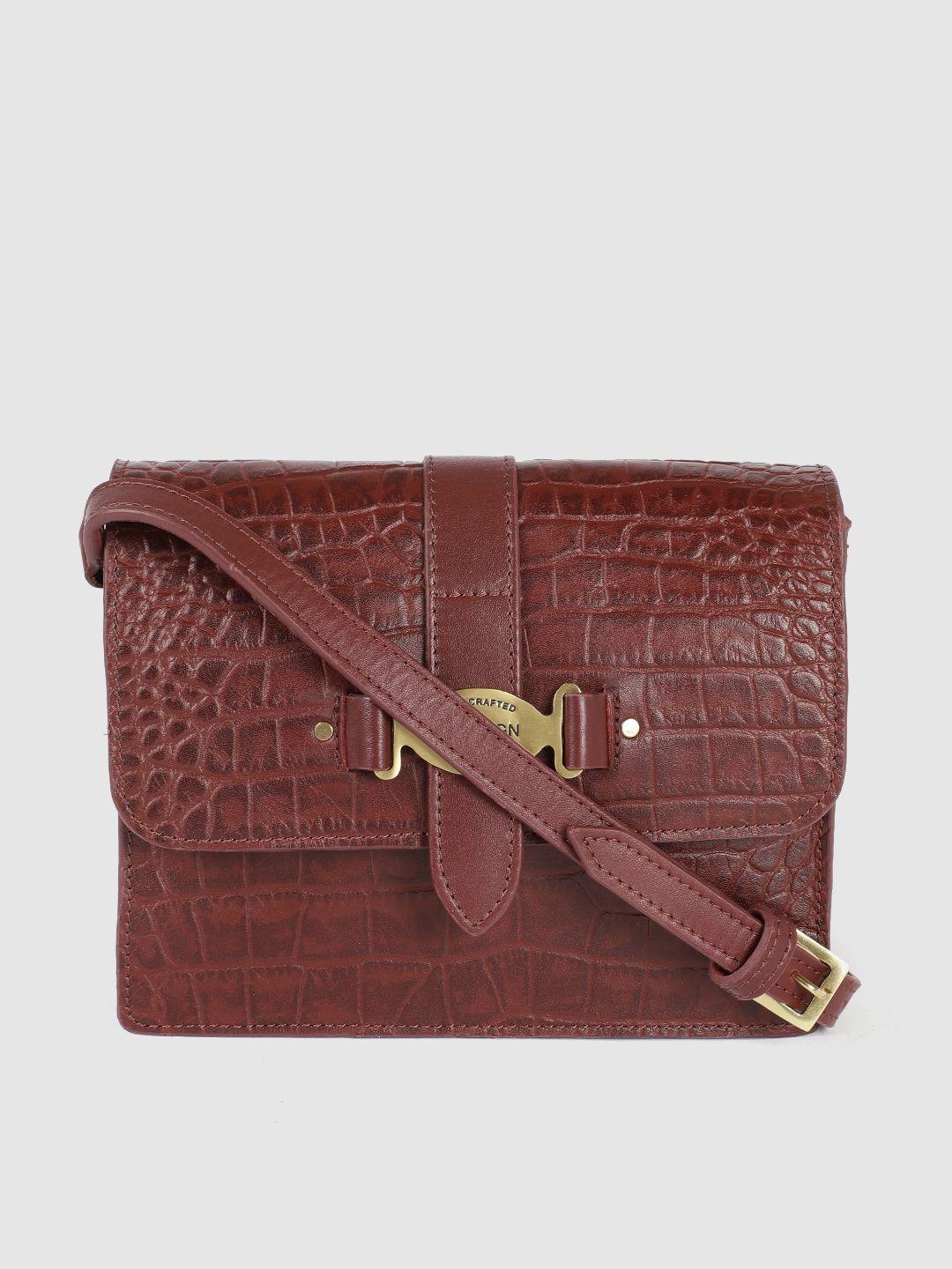 hidesign maroon animal textured leather structured sling bag