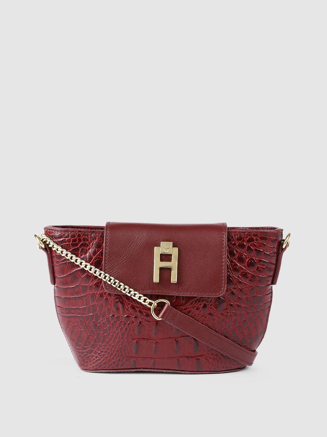 hidesign maroon animal textured leather structured sling bag