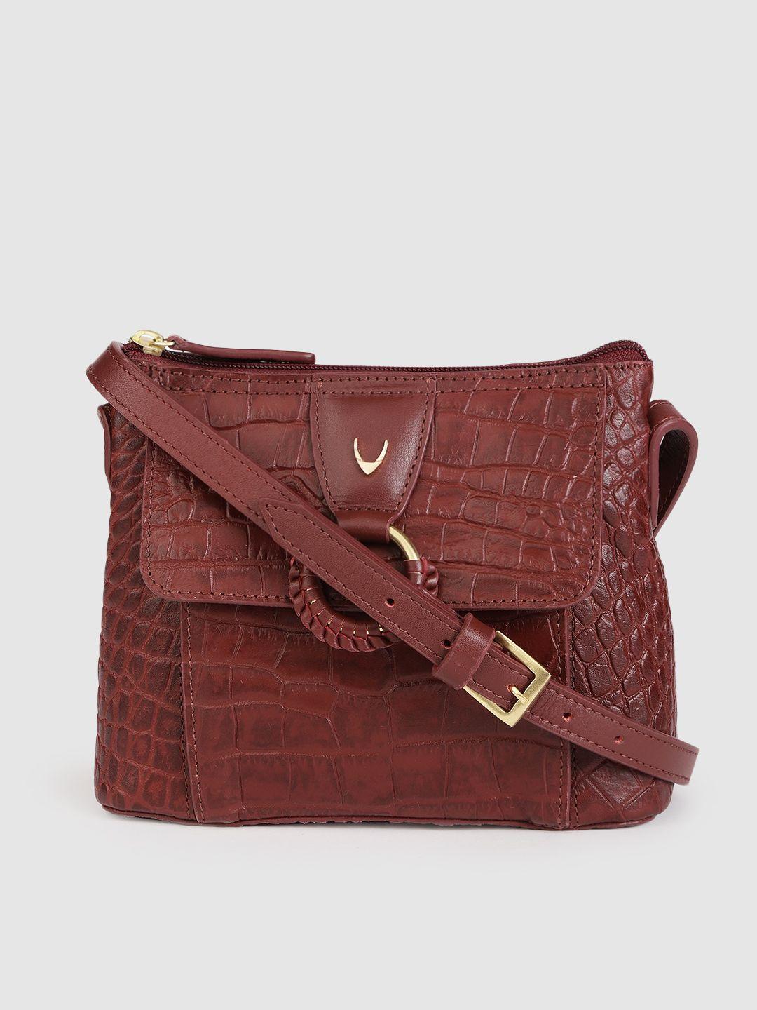 hidesign maroon animal textured leather structured sling bag