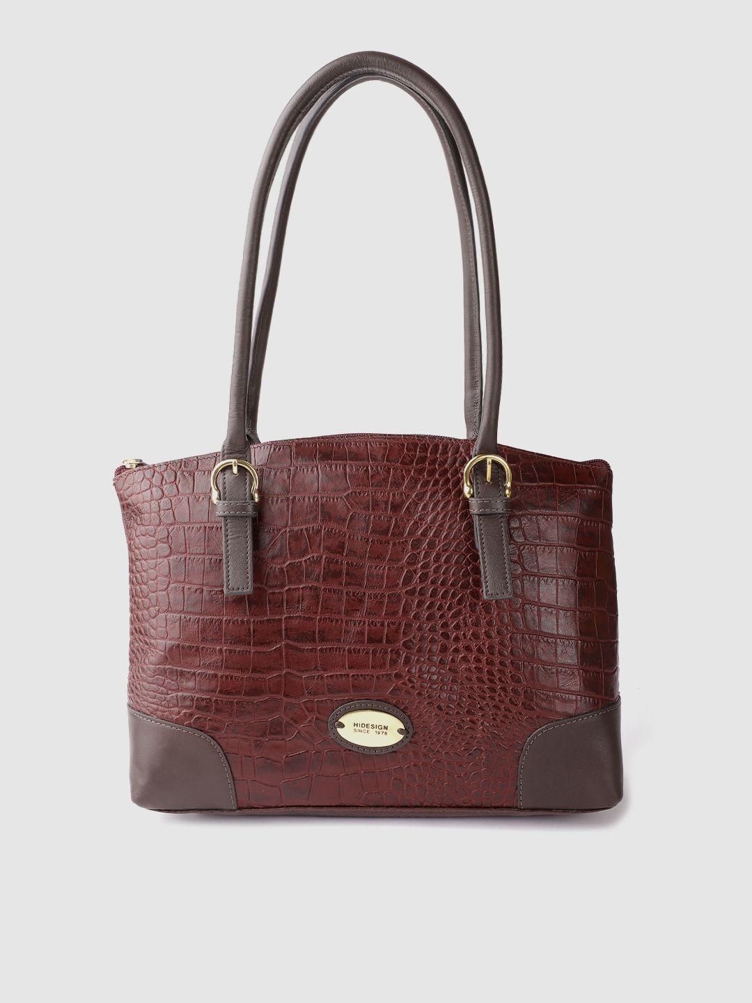 hidesign maroon handcrafted croc textured leather structured shoulder bag