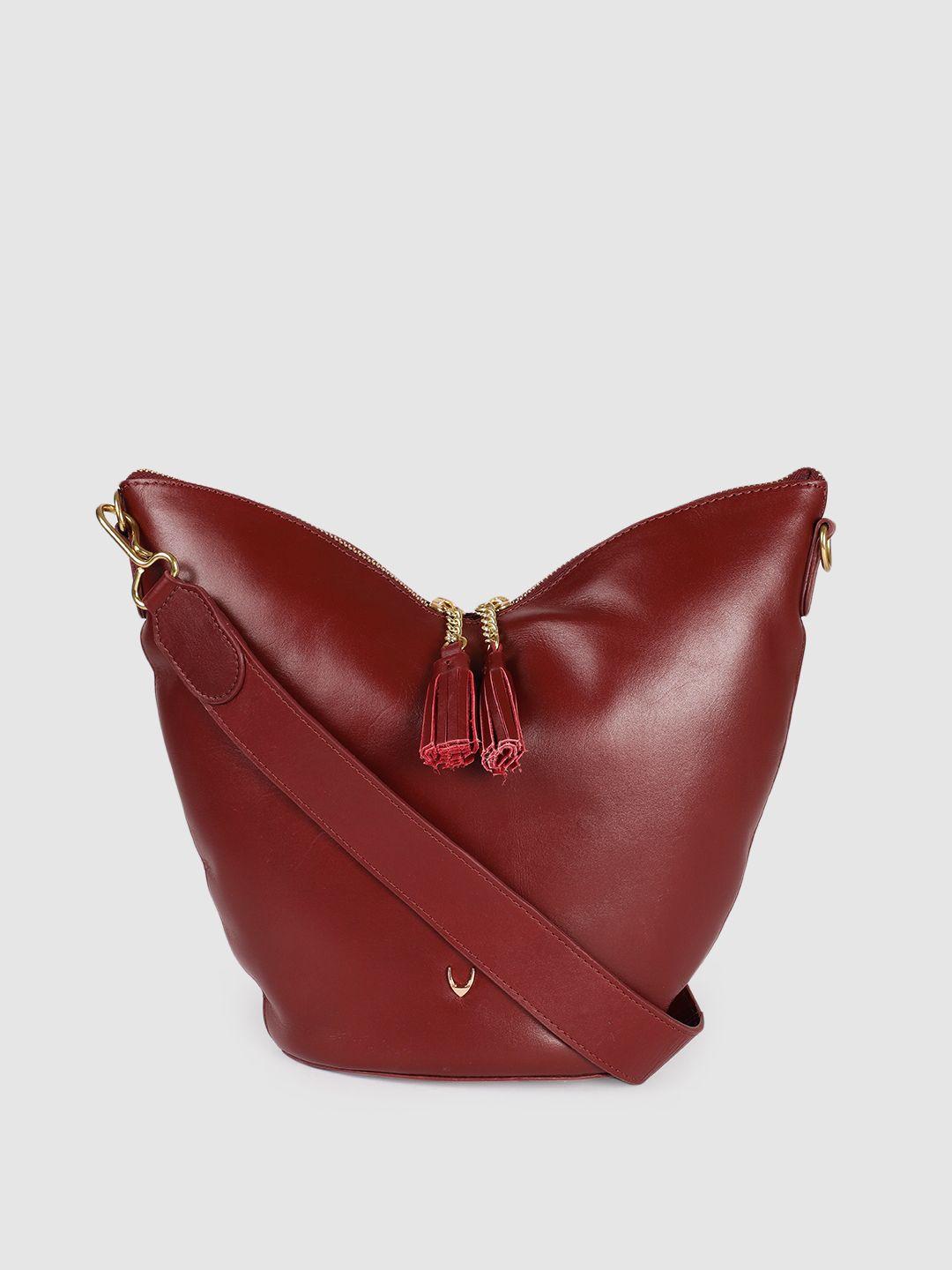 hidesign maroon leather structured sling bag with tasselled