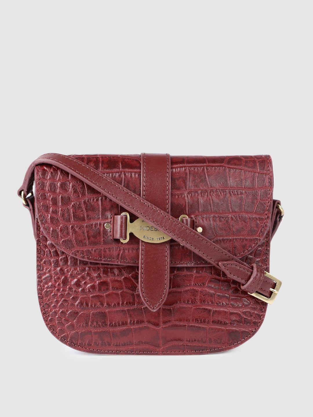 hidesign maroon textured leather structured sling bag