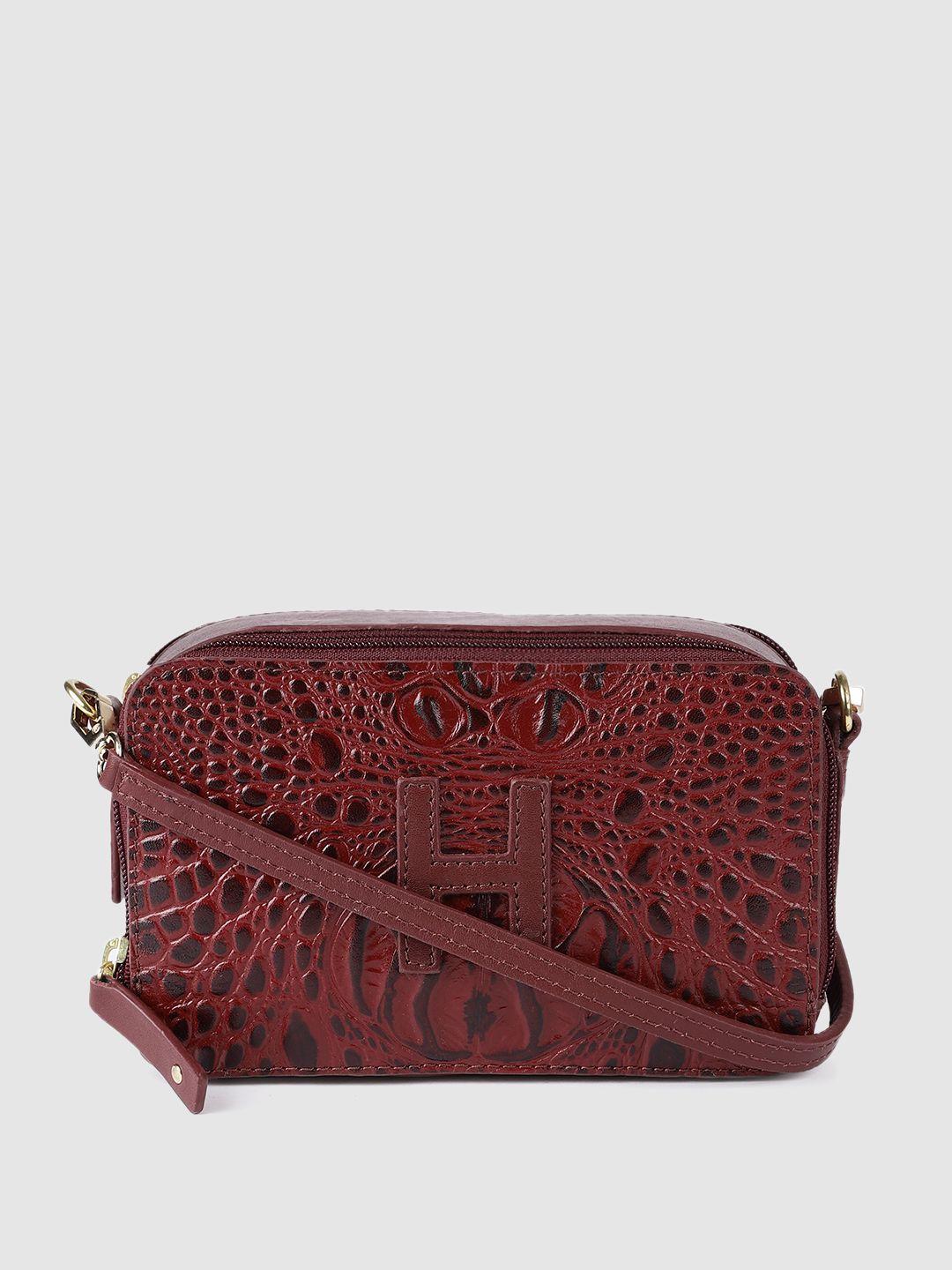 hidesign maroon textured leather structured sling bag