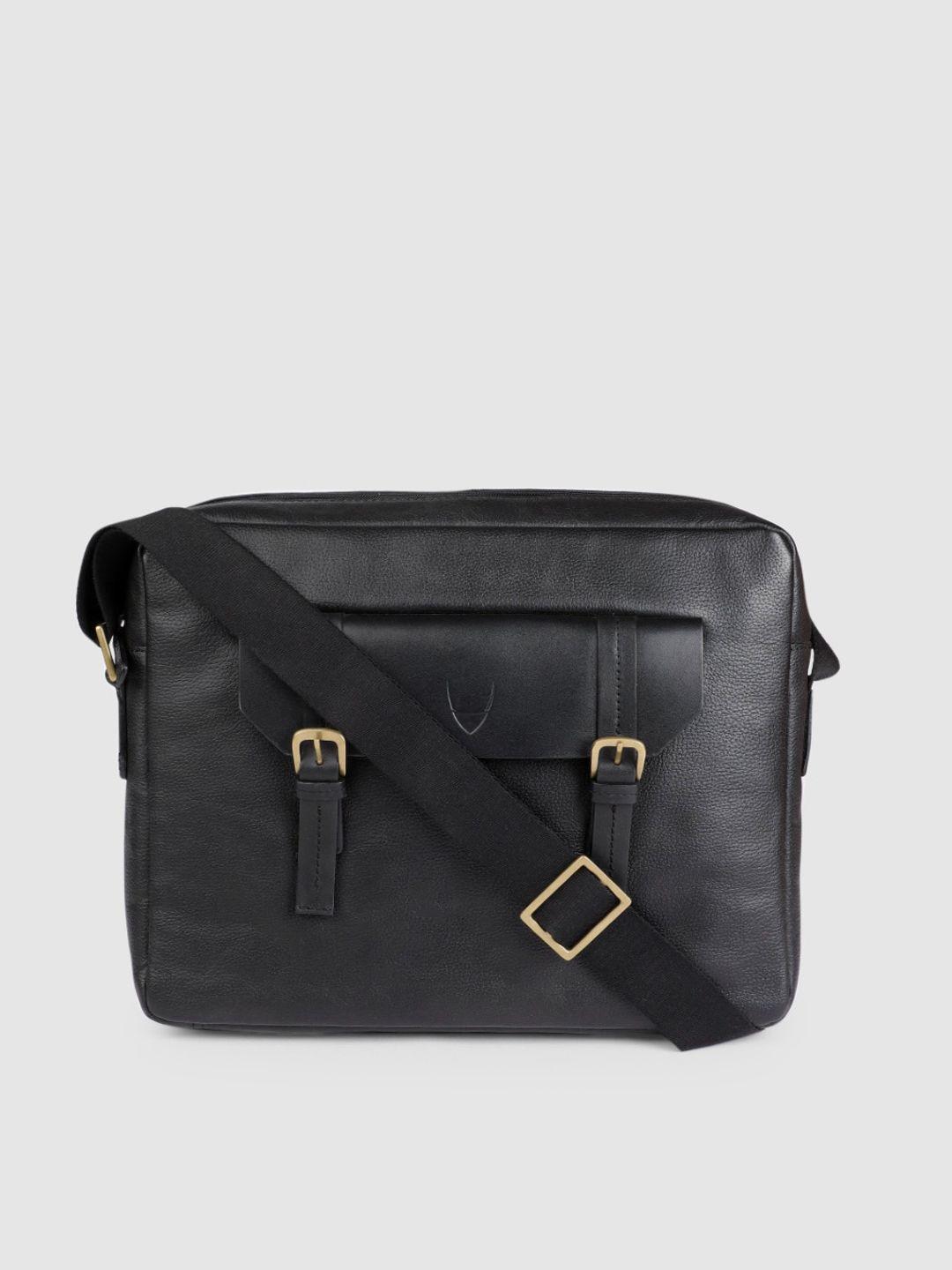 hidesign men black solid leather laptop bag
