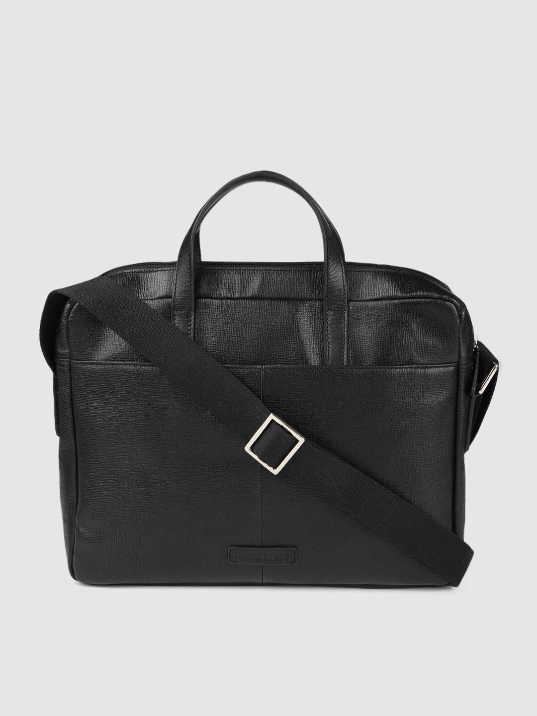 hidesign men black solid leather messenger bag