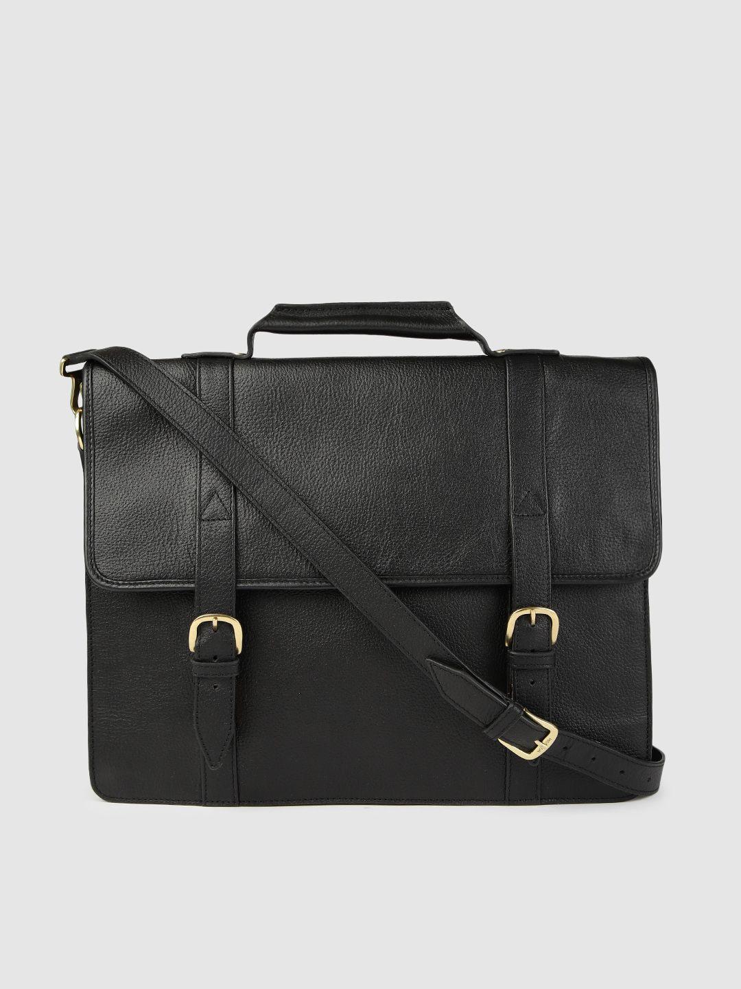 hidesign men black solid leather messenger bag