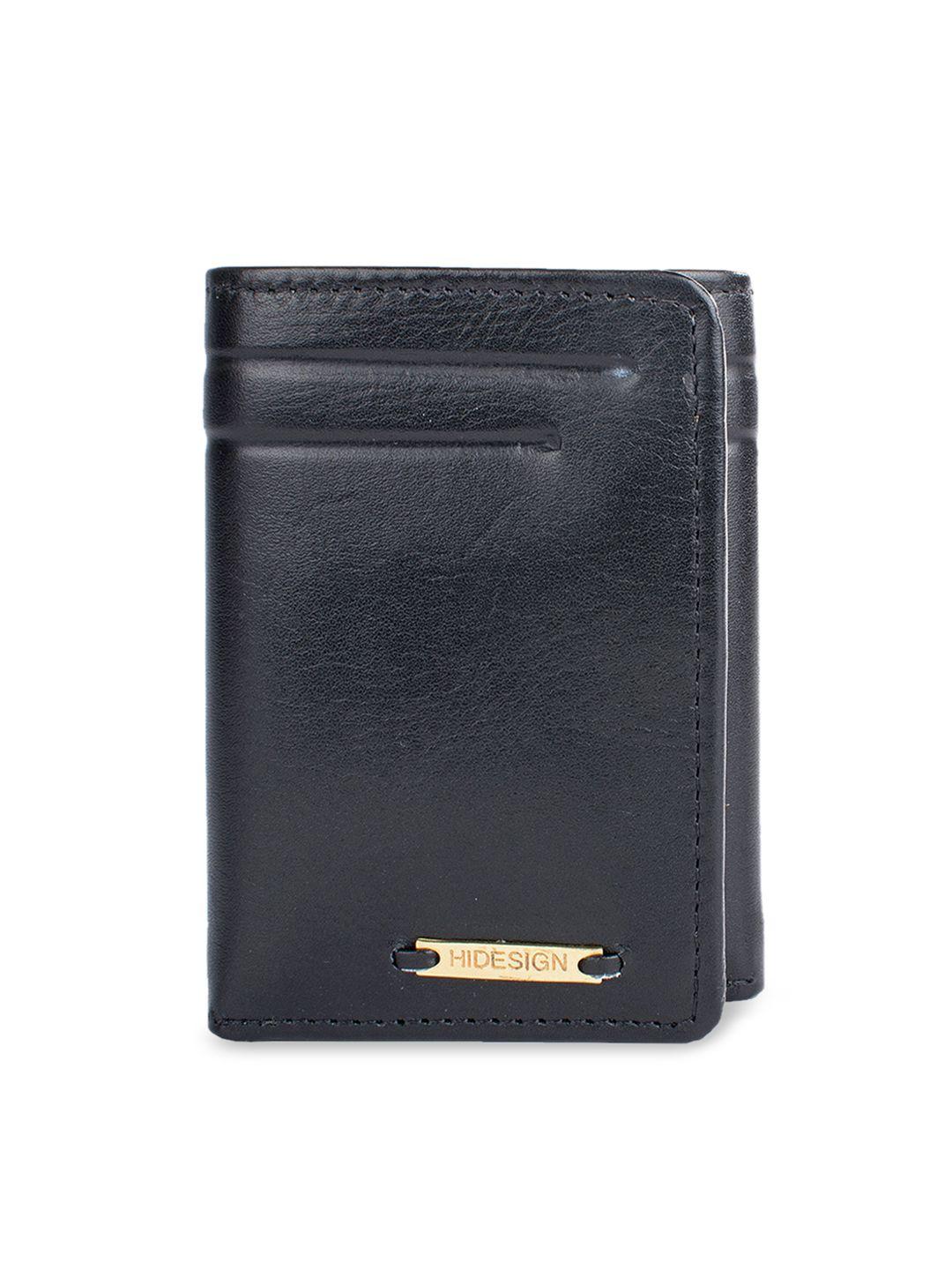 hidesign men black textured three fold leather wallet