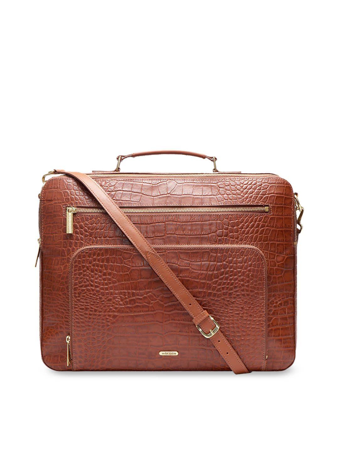 hidesign men tan brown leather textured laptop bag