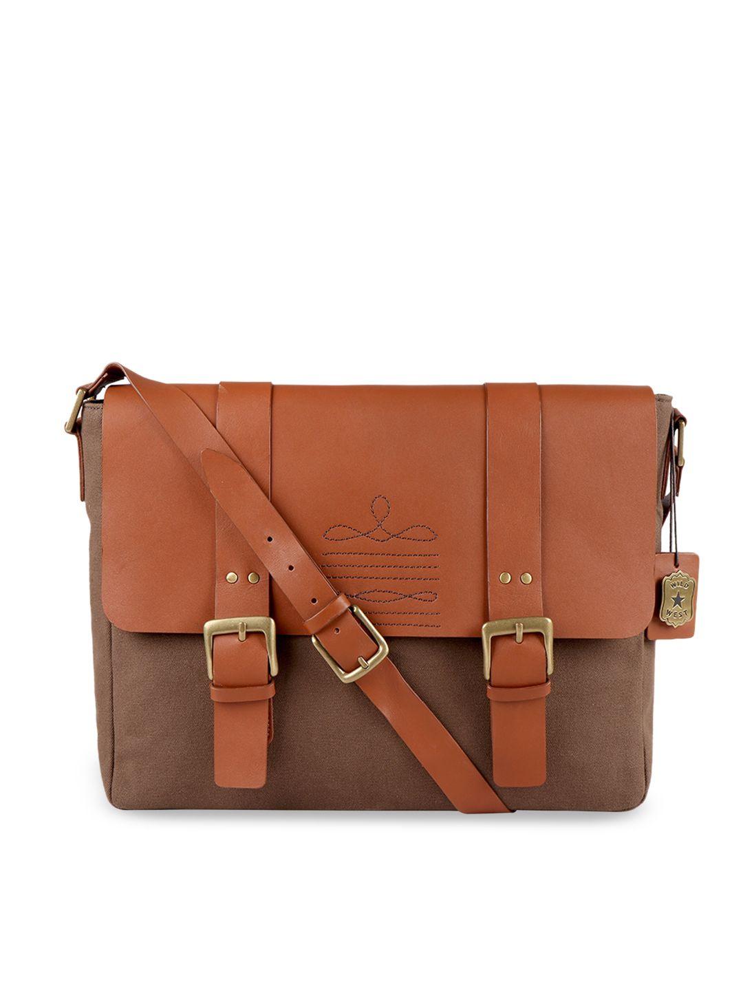 hidesign men tan brown solid leather messenger bag
