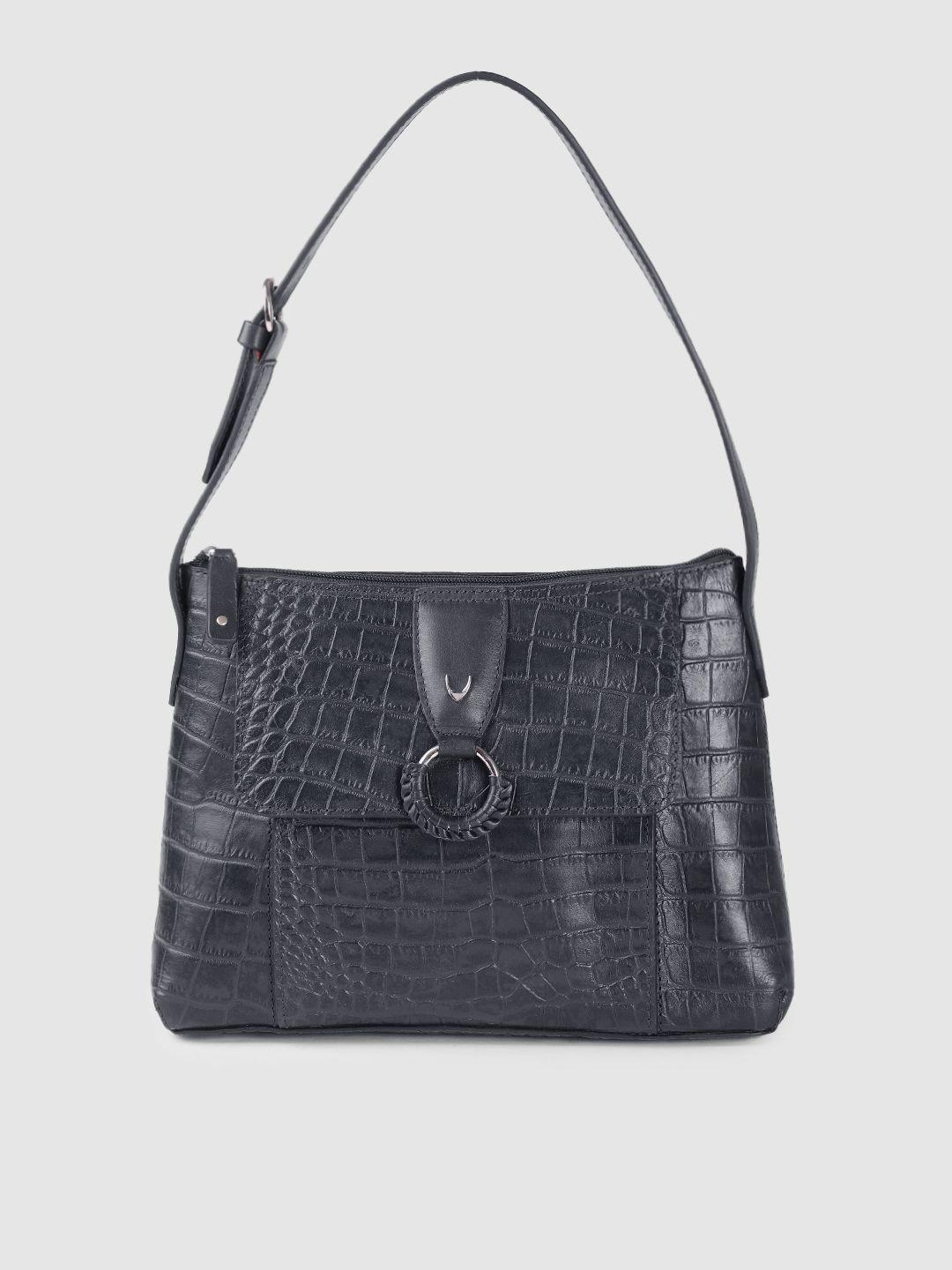 hidesign navy blue animal textured leather structured shoulder bag