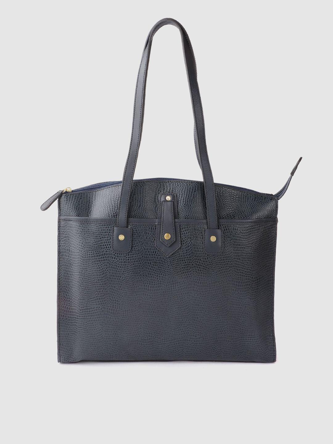 hidesign navy blue handcrafted animal textured leather structured shoulder bag