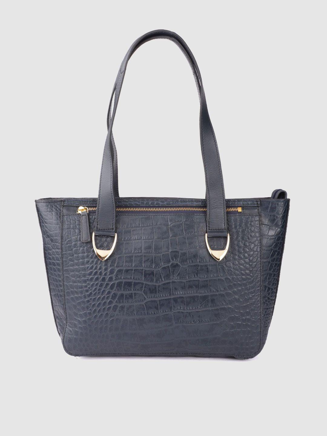 hidesign navy blue handcrafted croc textured leather structured shoulder bag