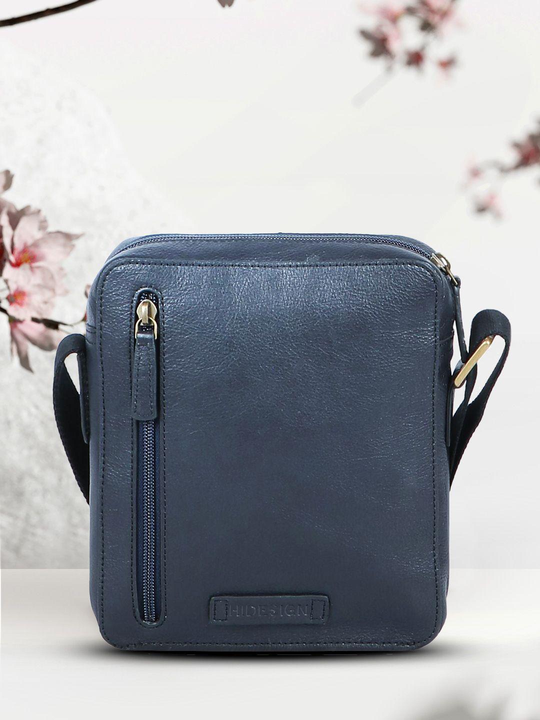 hidesign navy blue solid leather sling bag