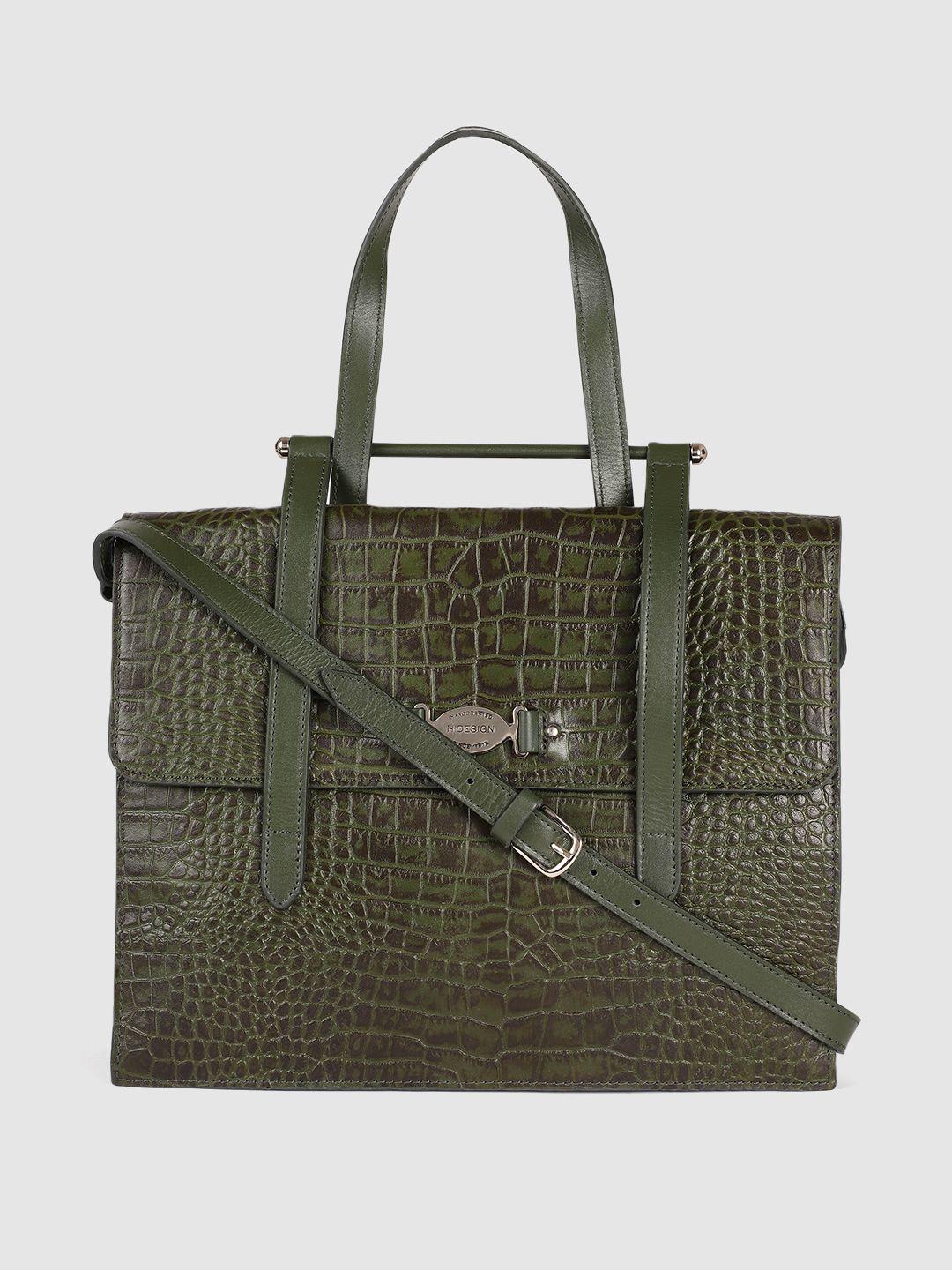 hidesign olive green animal textured leather structured handheld bag
