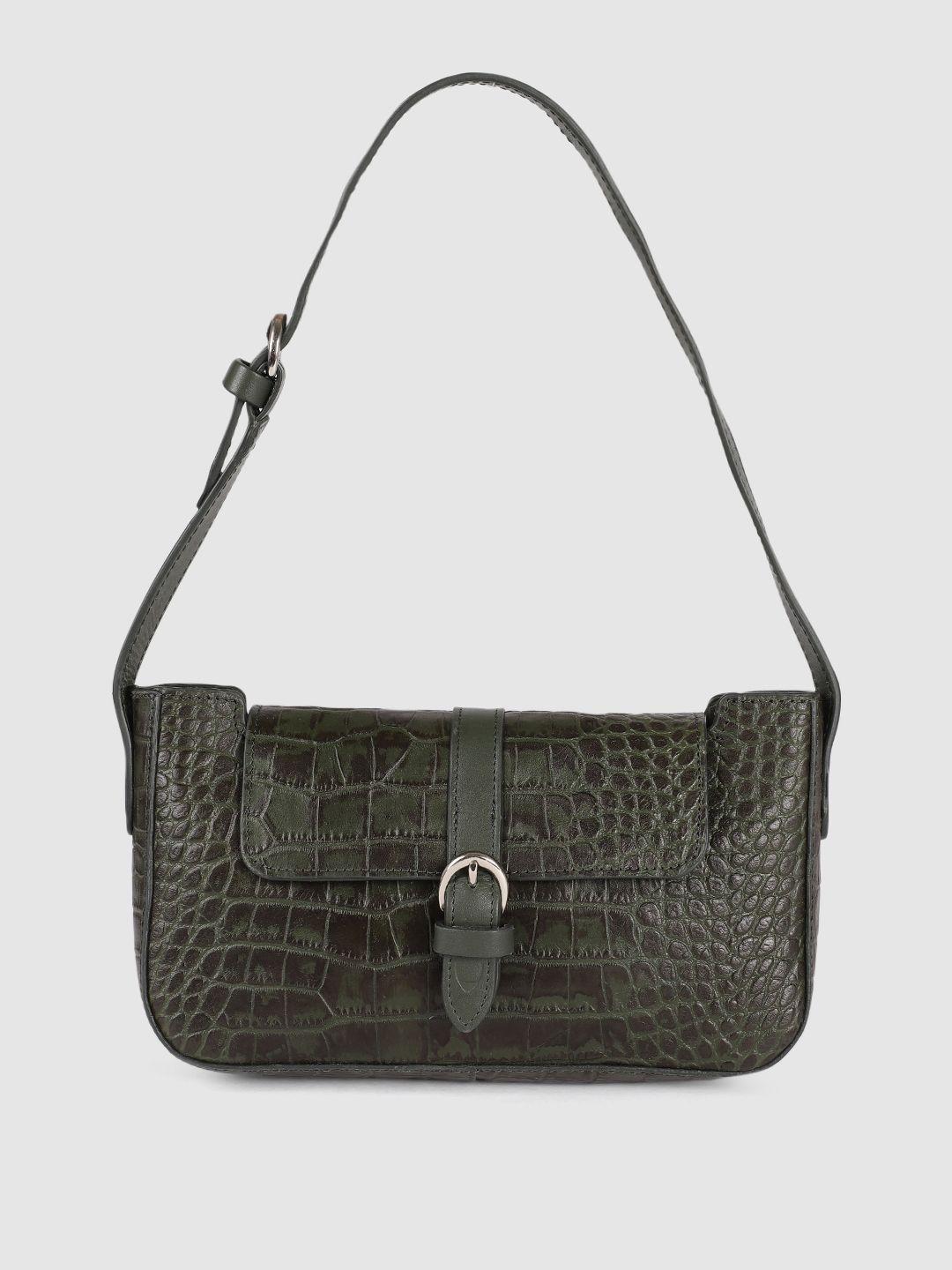 hidesign olive green animal textured leather structured shoulder bag