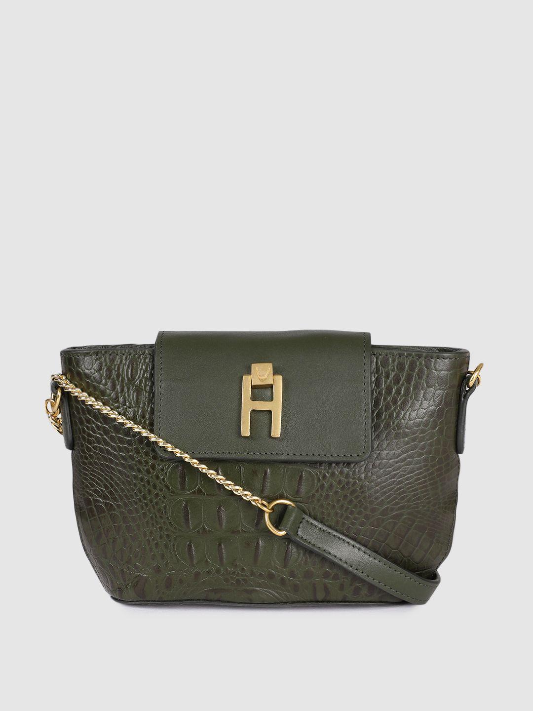 hidesign olive green animal textured leather structured sling bag