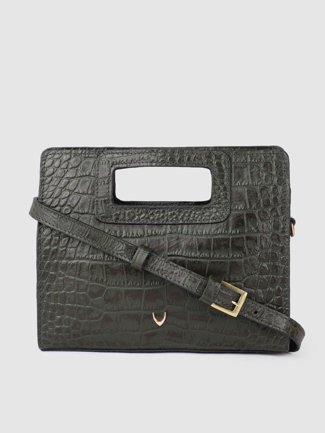 hidesign olive green animal textured leather structured sling bag