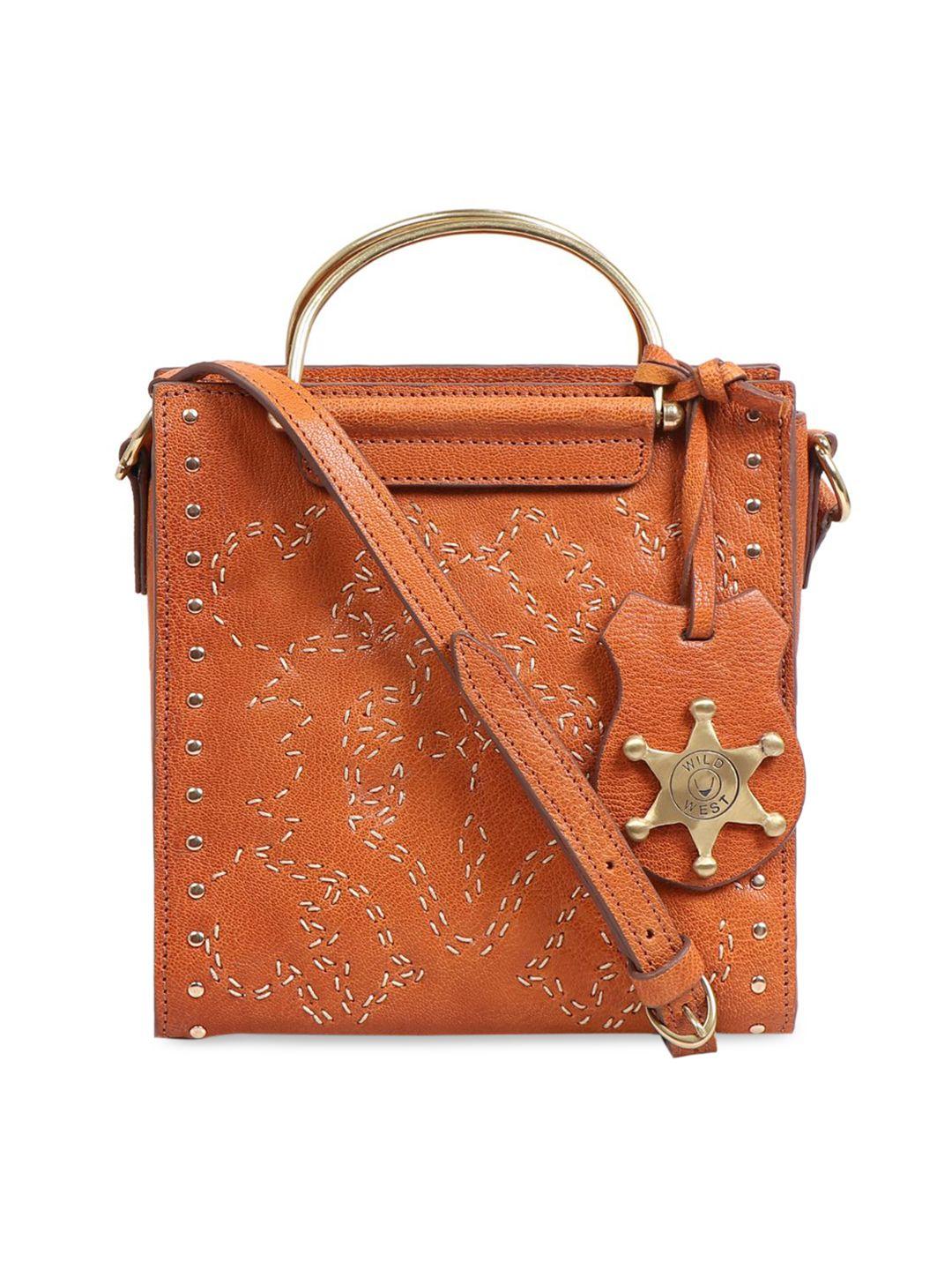 hidesign orange embellished leather structured handheld bag