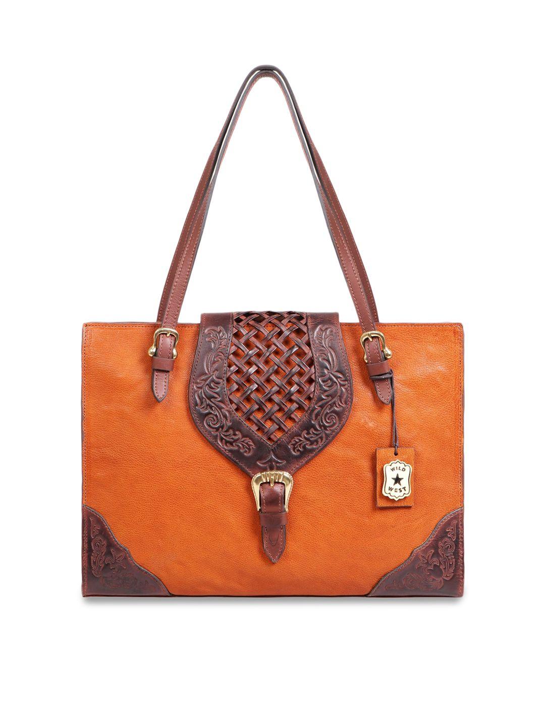 hidesign orange leather shopper sling bag with applique