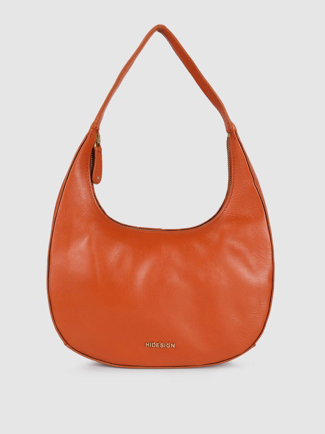 hidesign orange solid leather structured hobo bag