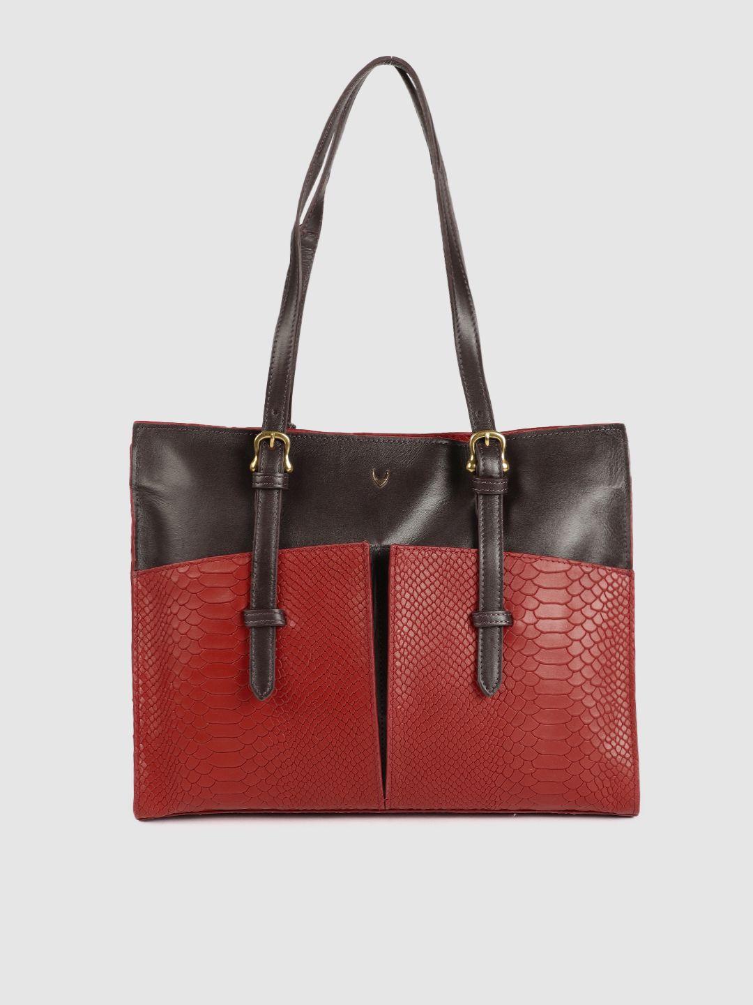 hidesign red & coffee brown ee virgo colourblocked snakeskin textured leather shoulder bag